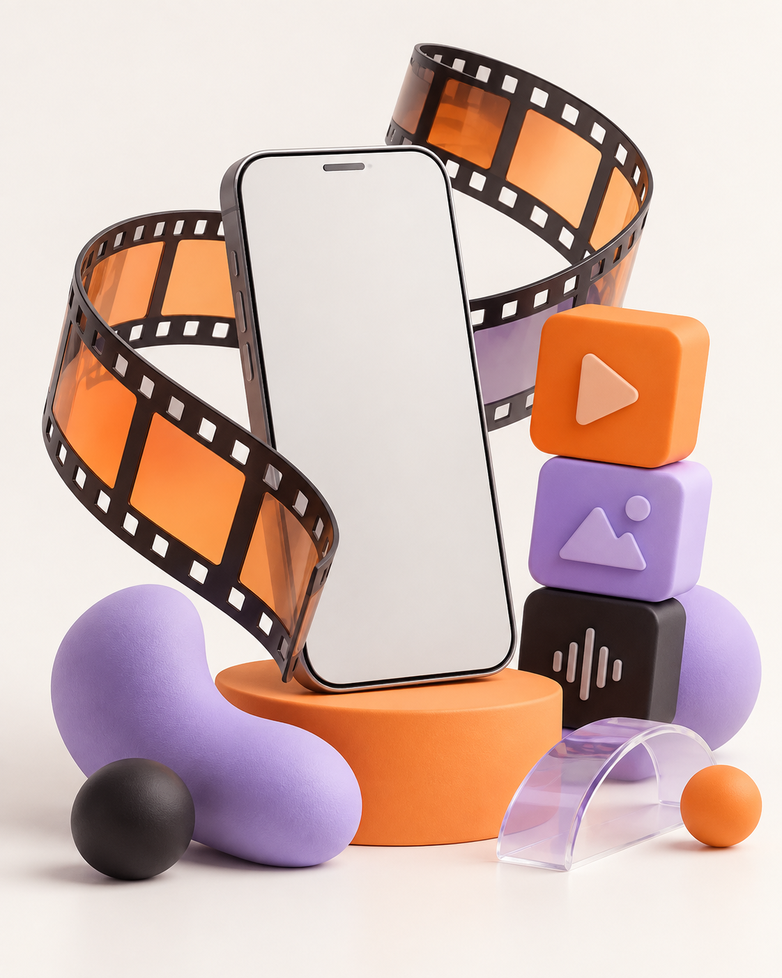 Bokki brand illustration with a phone and sculptural video, photo, and audio objects